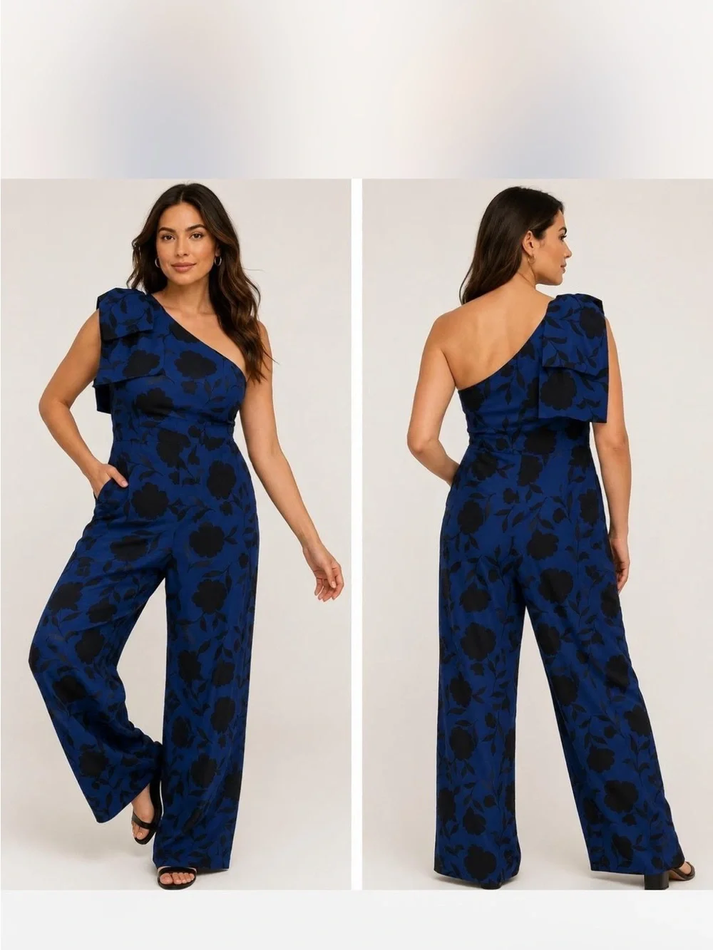 kate spade Navy Blue One-Shoulder Floral Jumpsuit with Black Print